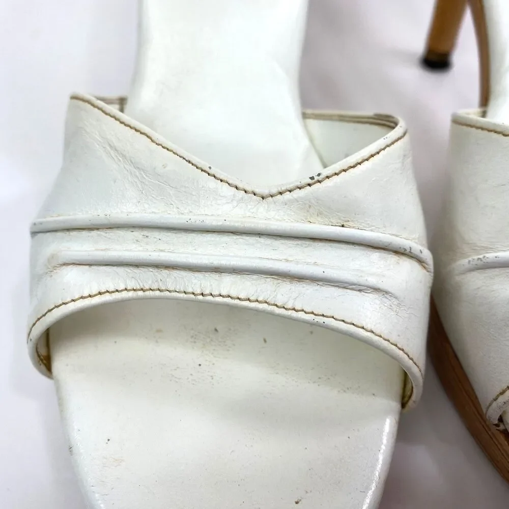 Vintage Made In Japan White Slip-On Heel Shoes 8.5 Open Toe Wood Lounge Resort